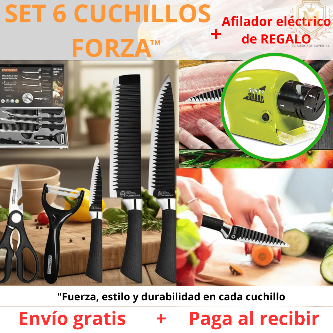 Set de 6 Cuchillos de cocina FORZA Premium + 1 Afilador eléctrico de REGALO