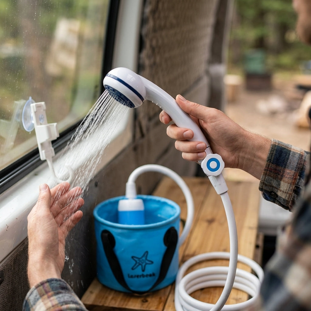 Ducha Portátil con Bomba de Agua — En uso
