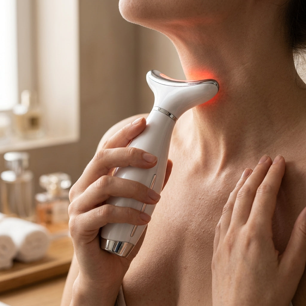 Masajeador Lifting para Cuello y Rostro con Luz LED — En uso